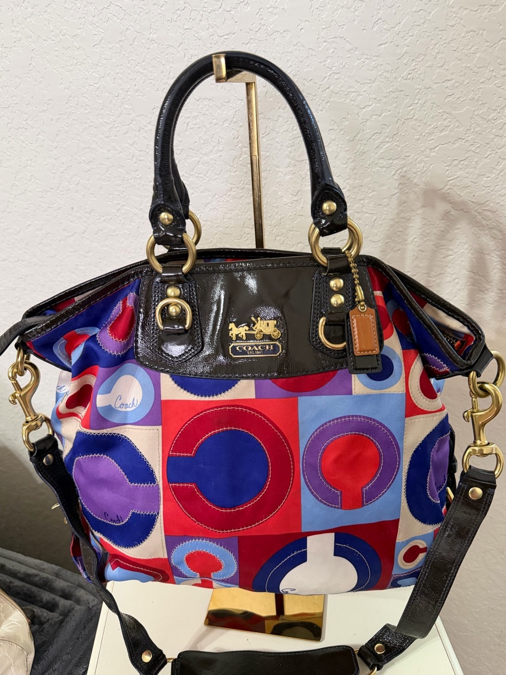 Coach Multicolor Geometric Patent-Trim Satchel - Blue/Red/Purple